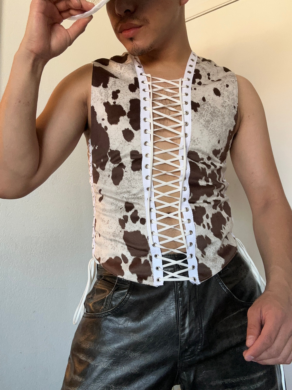 Cow Print lace-up tank