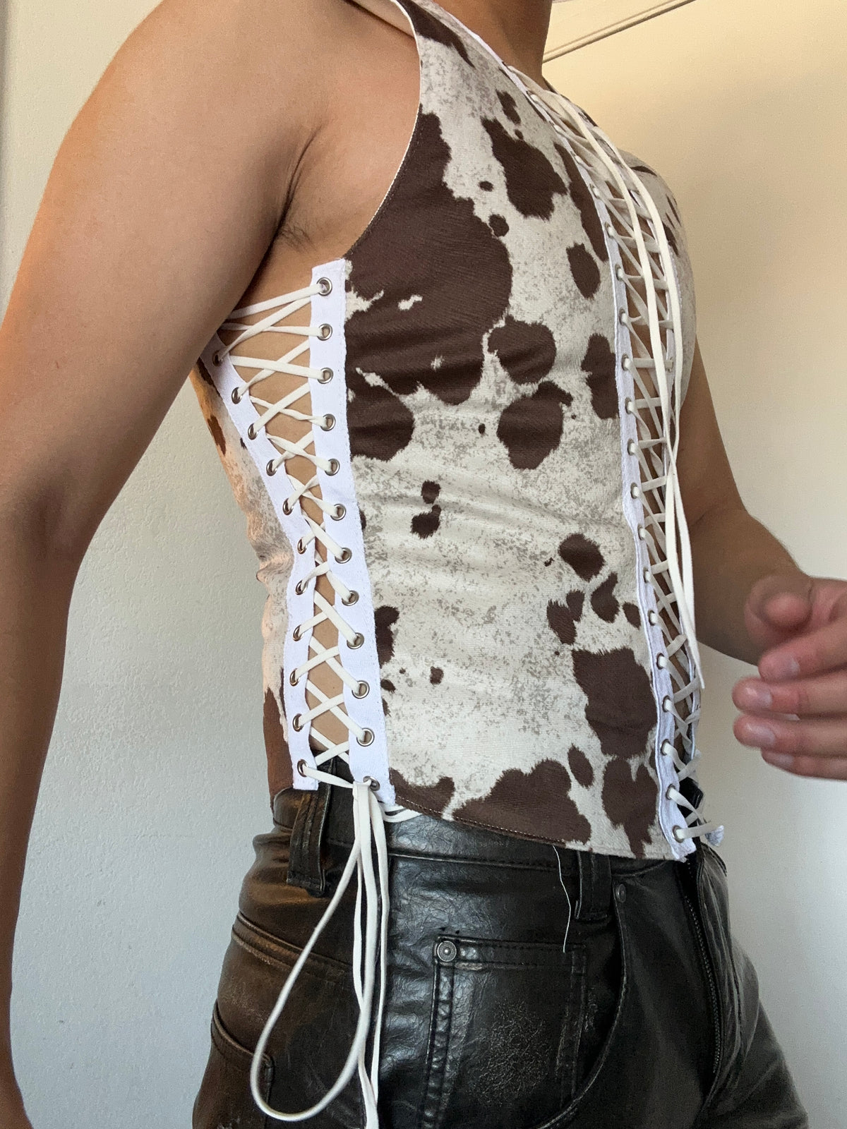 Cow Print lace-up tank